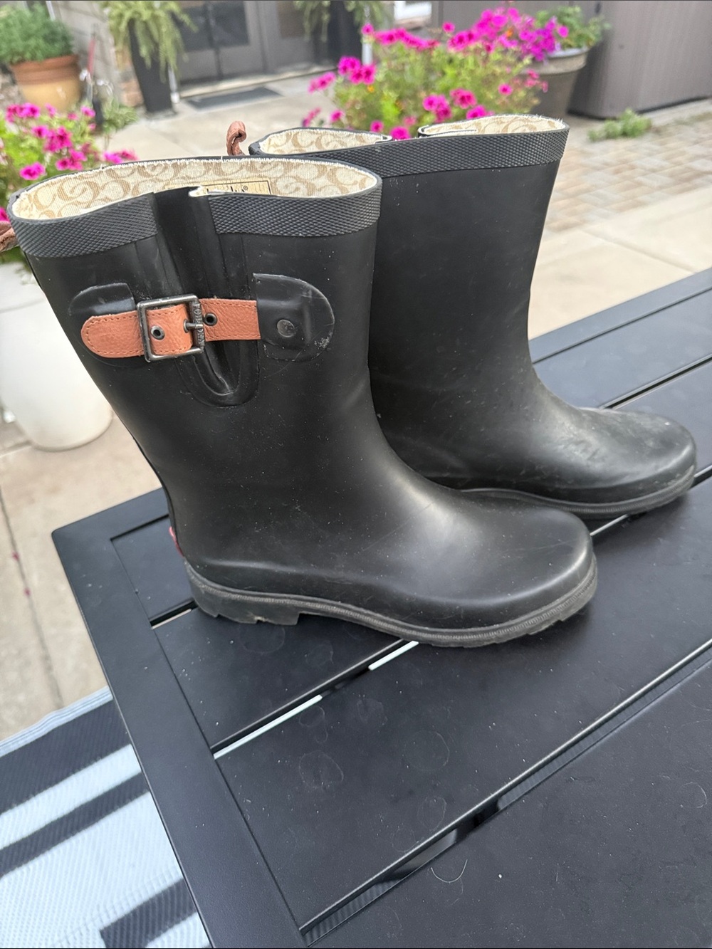 chooka Black Mid-Calf Rain Boots with Brown Accent Strap